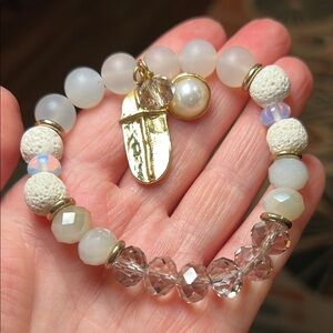 Religious Christian Gold Cross Charm Opalite Beaded Stretchy Bracelet